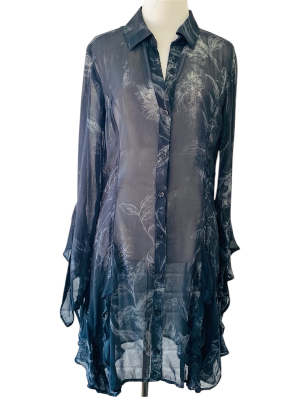 Anthropologie Black Sheer Dark Floral Ruffled Button Up Dress Medium Whimsigoth
